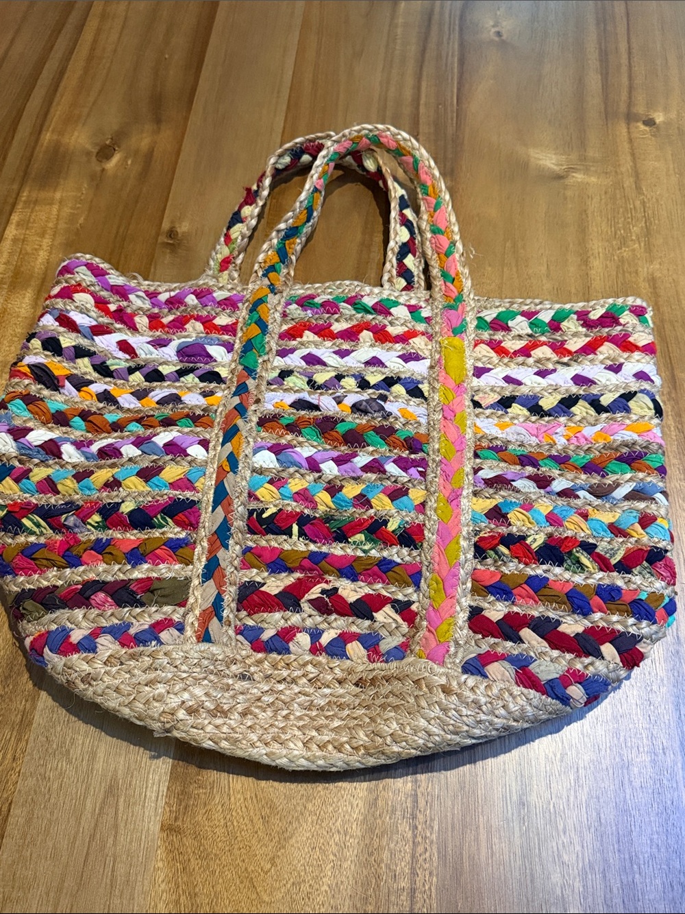 Shiraleah Braided Multicolor Jute Tote Double Handles Bohemian Beach Bag